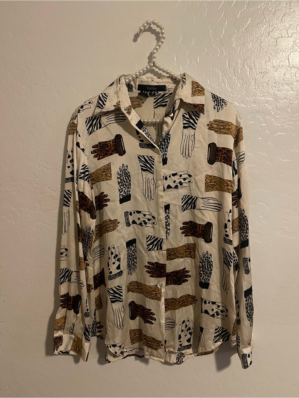 ISHYU Vintage 100% Silk Blouse Glove Print Size 8